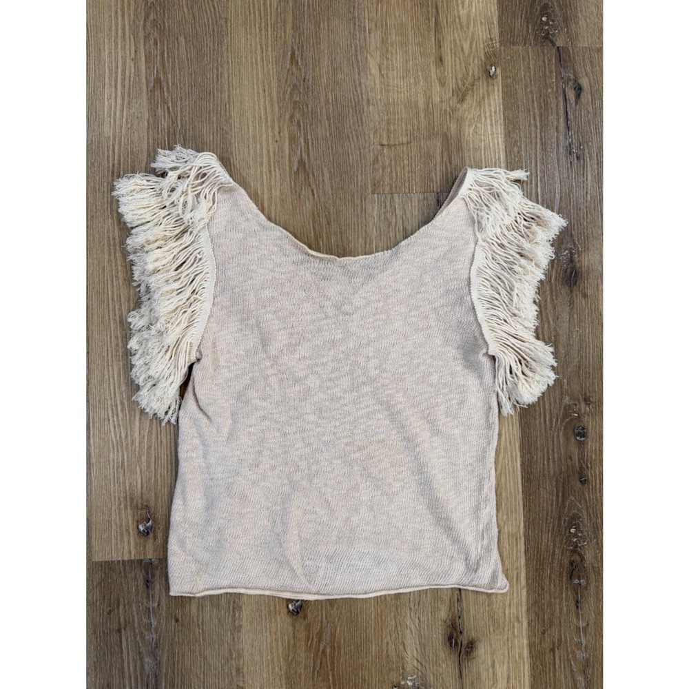 Sam & Lavi Knit‎ Fringe Top Women M Oatmeal Beige Boho Scoop Neck Made in USA